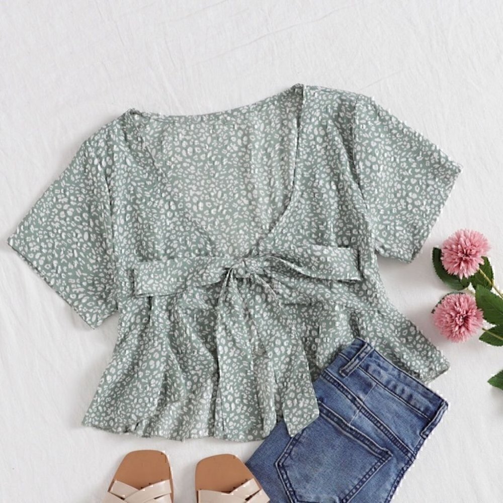 Bohemian flared Open Front Tie Ruffle Hem  Top